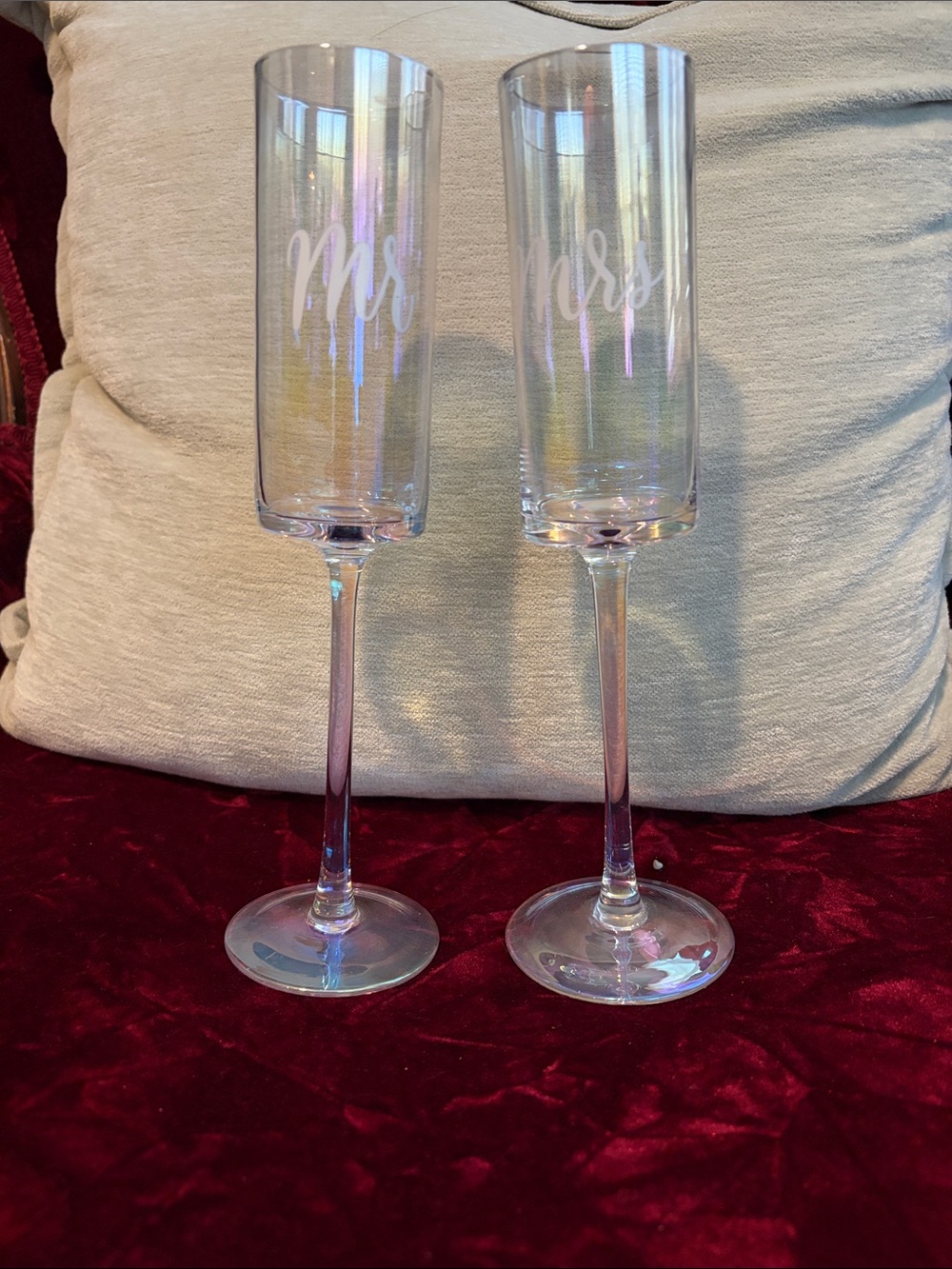 Iridescent "Mr." and "Mrs." Champagne Flutes